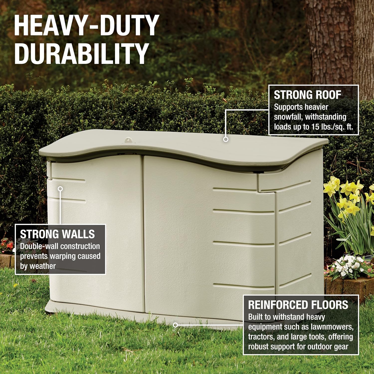 Rubbermaid Small Horizontal Resin Outdoor Storage Shed With Floor (4.5 x 3 Ft) Weather Resistant, Beige/Brown, Organization for Home/Backyard/Pool Chemicals/Toys/Garden Tools/Porch/Patio Cushions