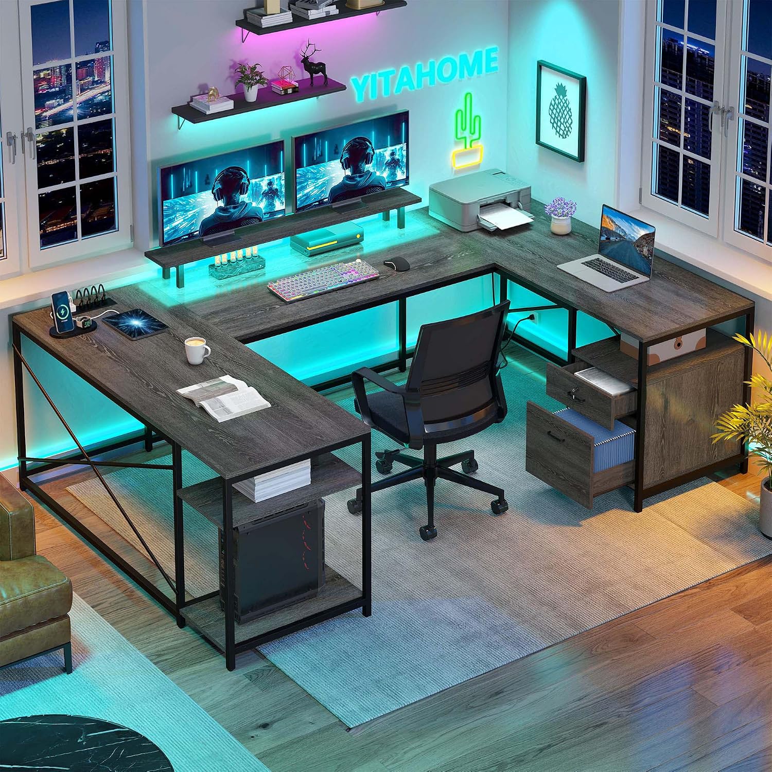 YITAHOME U Shaped Desk with Power Outlets & LED Lights, 79' Reversible L Shaped Desk with Drawers, Corner Computer Desk Office Desk with Monitor Stand & Storage Shelves, Grey
