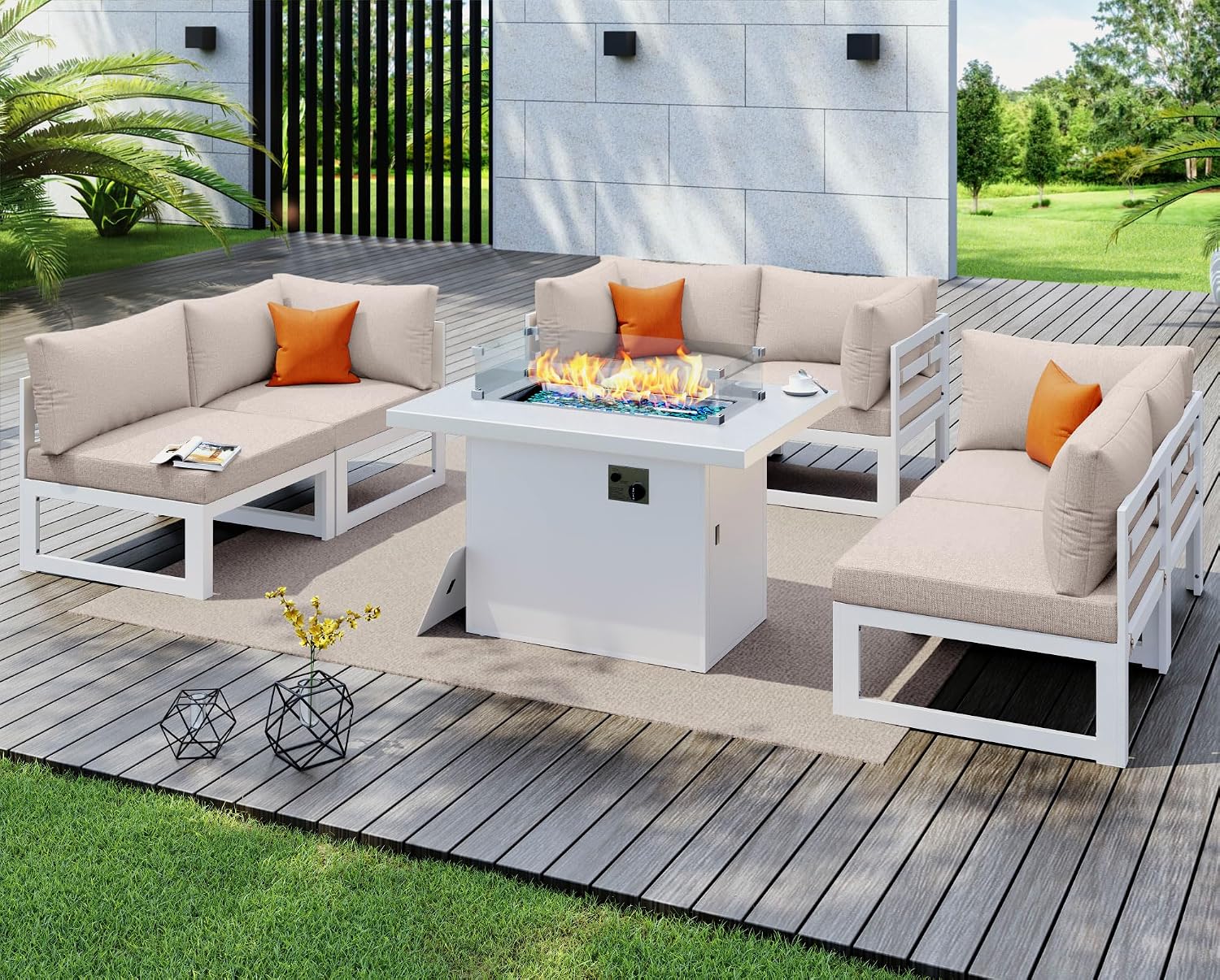 NICESOUL 7 Piece Extra Large Modern Aluminum Outdoor Sofa with Fire Pit Table, 29' Deep Wide Seating, 500 lbs Durable Sectional Set, All-Weather L Shaped Patio Furniture Set for Exterior Garden, Beige