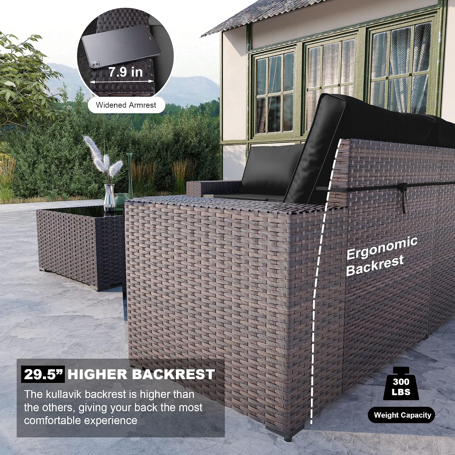 Kullavik Outdoor Patio Furniture Set,12 Pieces Sectional Rattan Sofa Set Brown PE Rattan Wicker Patio Conversation Set with 10 Seat Cushions and 2 Tempered Glass Coffee Table,Black