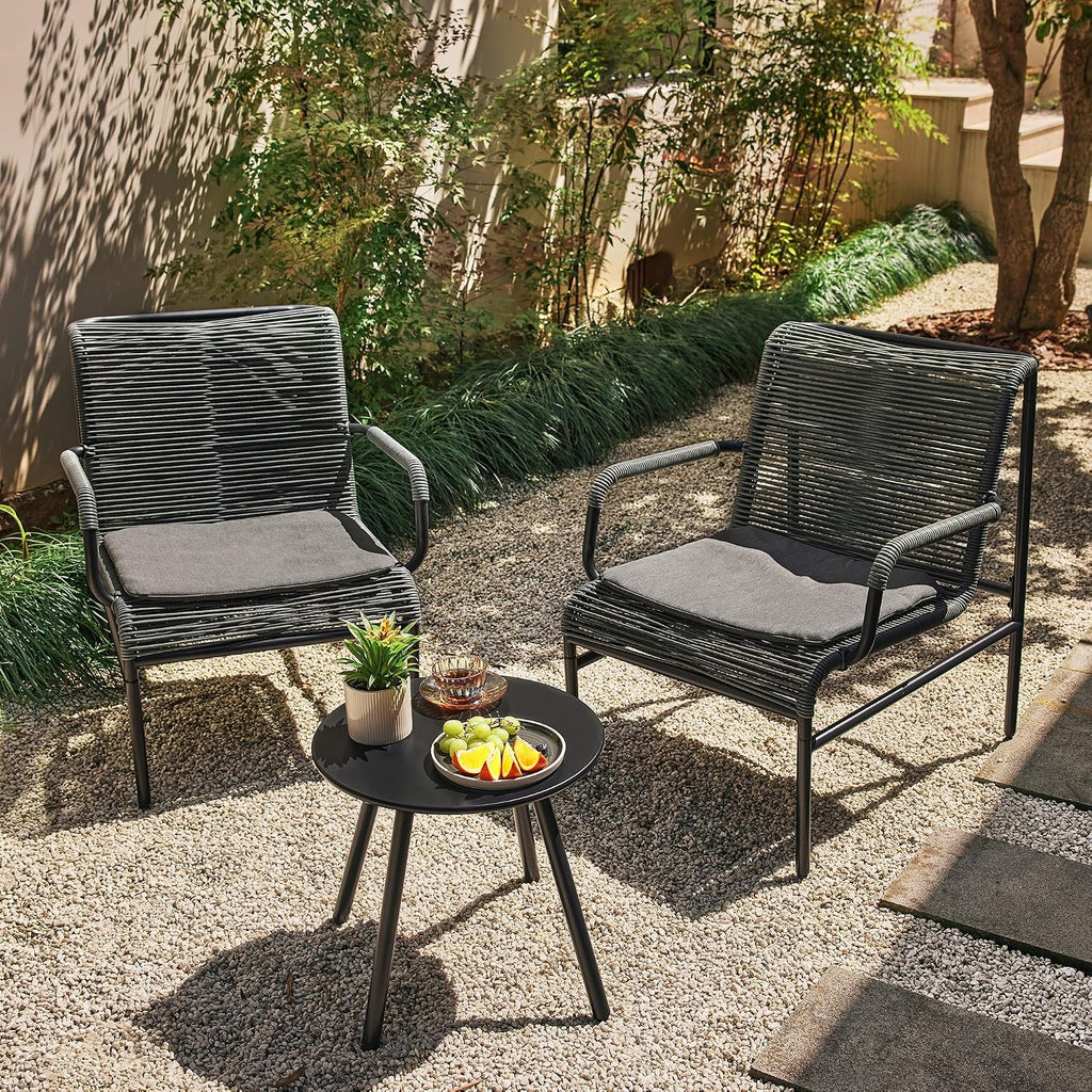 East Oak 3-Piece Patio Furniture Set, Outdoor Bistro Set with PE Rattan Wicker Wide Chairs, Soft Pads & Coffee Table, Modern All-Weather Wicker Patio Set for Garden and Porch, Misty Grey