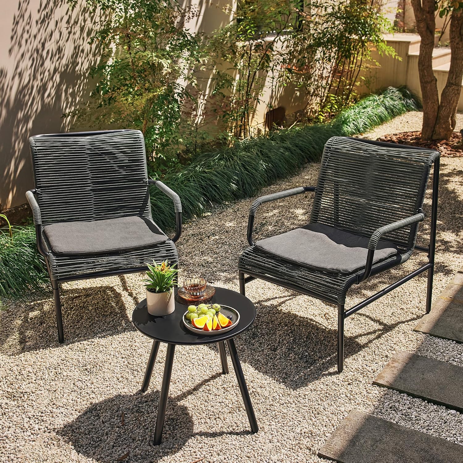 East Oak 3-Piece Patio Furniture Set, Outdoor Bistro Set with PE Rattan Wicker Wide Chairs, Soft Pads & Coffee Table, Modern All-Weather Wicker Patio Set for Garden and Porch, Misty Grey