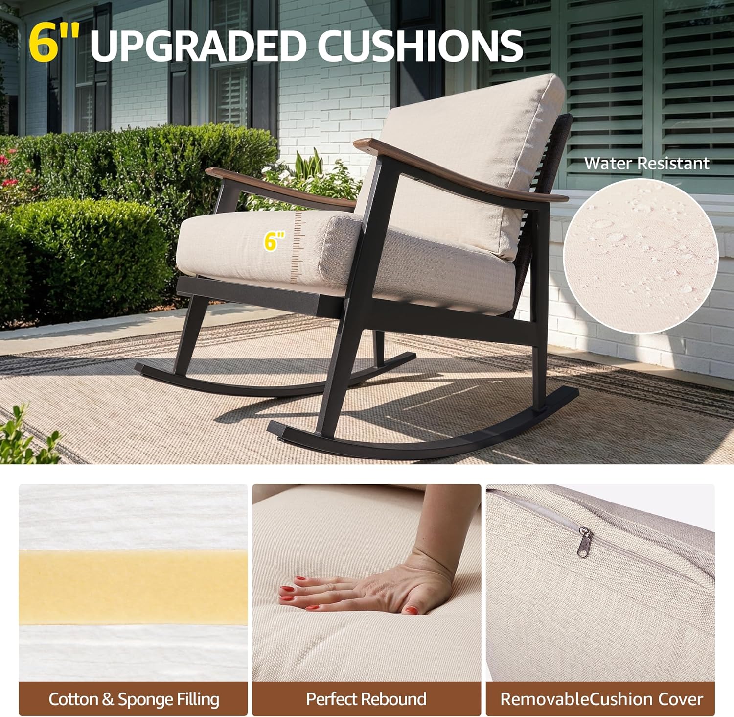 NATURAL EXPRESSIONS Rocking Bistro Set,3 Piece Wicker Patio Furniture Set with 2 Outdoor Rocker Chairs,Rattan Back,Aluminum Wood-like Armrest,Sturdy Metal Frame,6' Soft Cushions for Porch,Balcony,Yard