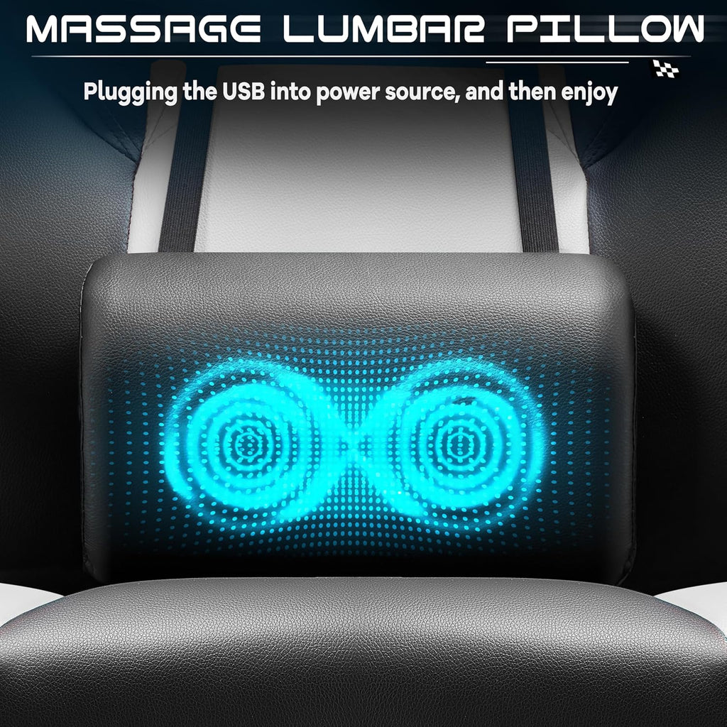 Big and Tall Gaming Chair for Adults, Heavy Duty Computer Chair with Footrest, Video Game Chair, Massage Lumbar Support, Wide Seat High Back Reclining Desk Chair, White