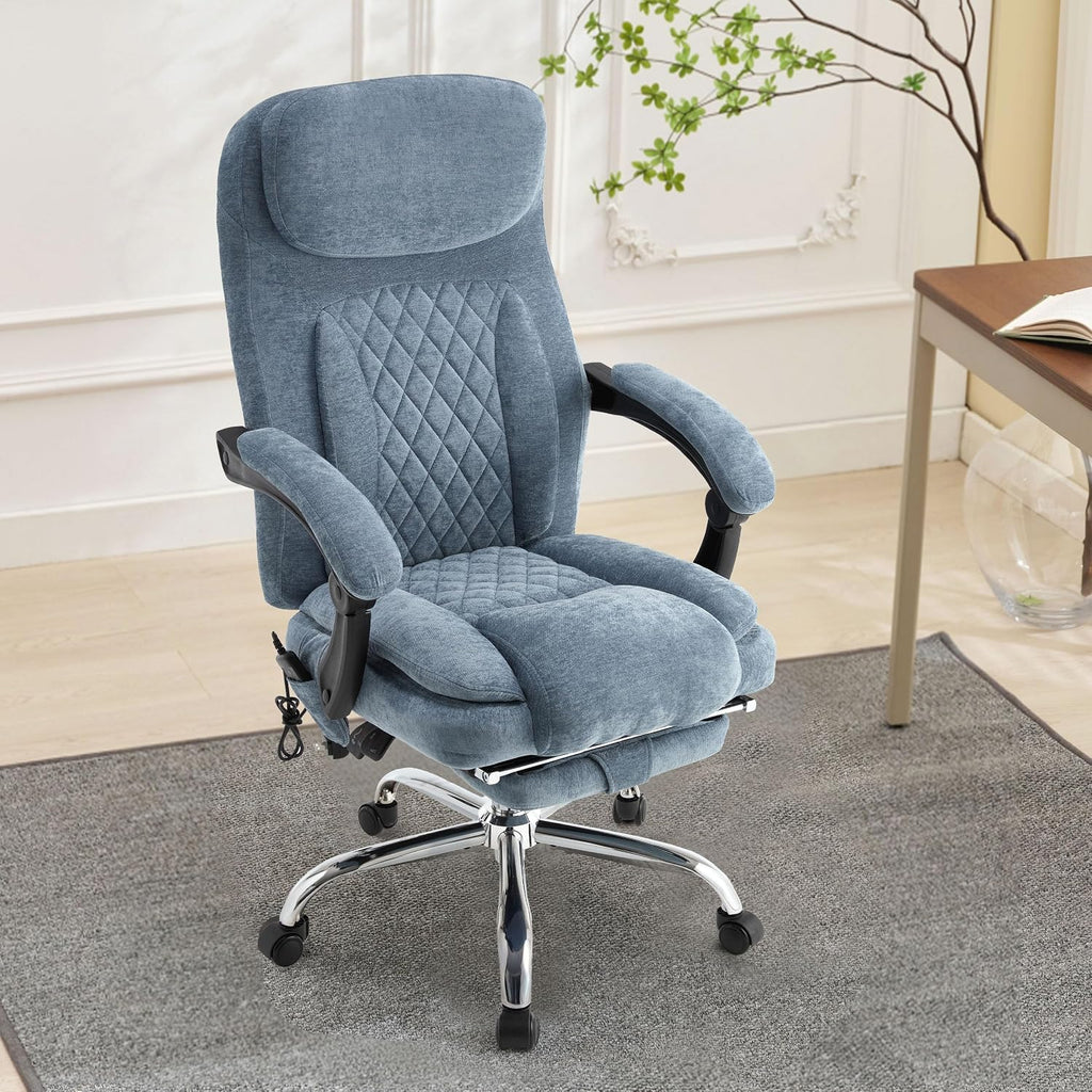 6-Point Massage Office Chair with Heated, Ergonomic Office Chair with Footrest & 45°Reclining High Back, Big and Tall Executive Office Chair 500LBS, Thick Cushion Desk Chair for Home Office, Blue