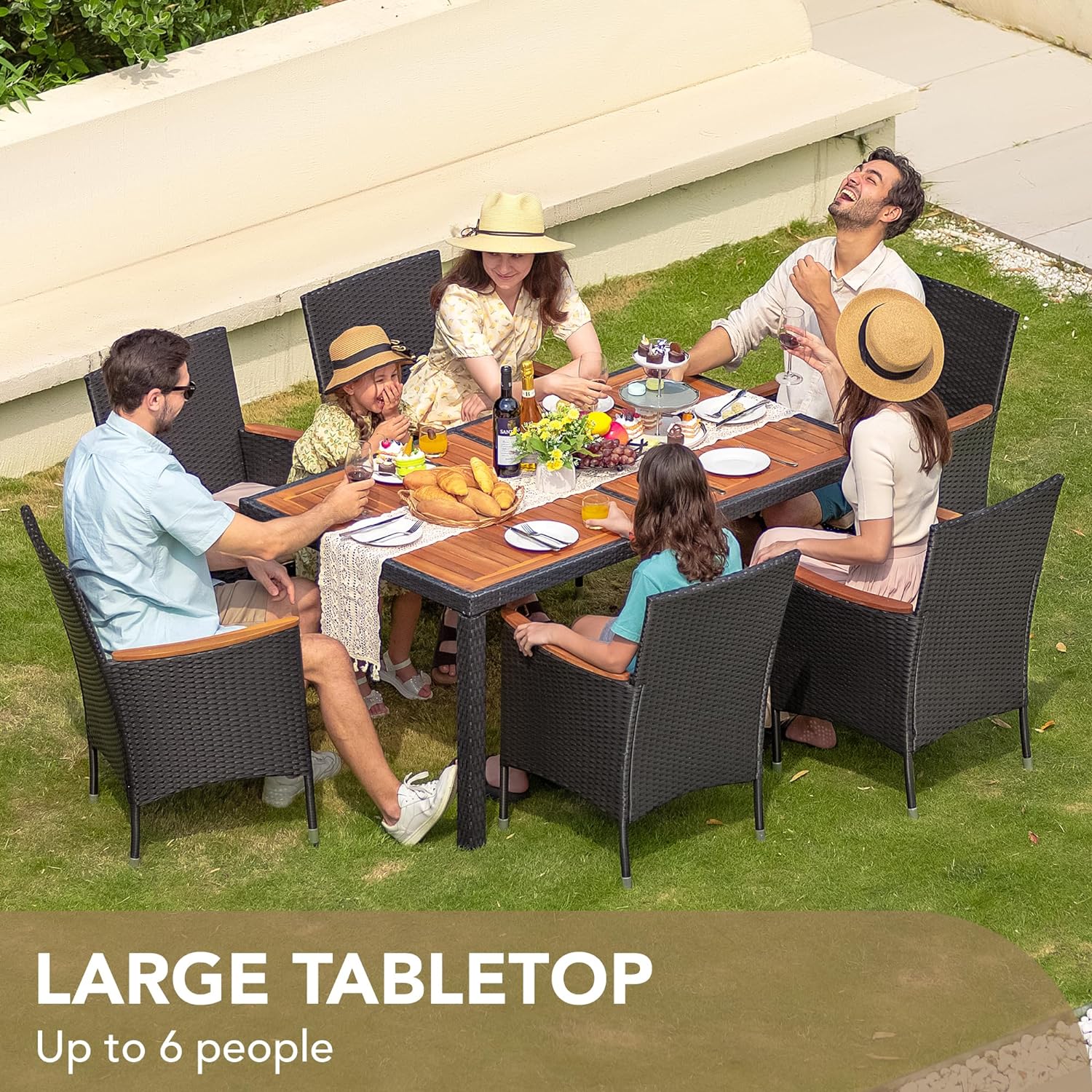 Devoko Dining 7 PCS Furniture, Patio Conversation Set with Acacia Wood Table Top, Outdoor, Beige Cushion and Black Rattan
