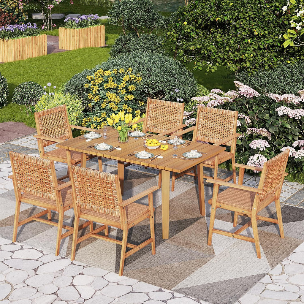 PHI VILLA Outdoor Acacia Wood Dining Chairs Set of 6, Armchairs with Strong Wicker Back & Seat, Farmhouse Style Teak Patio Deck Yard Balcony Garden Furniture