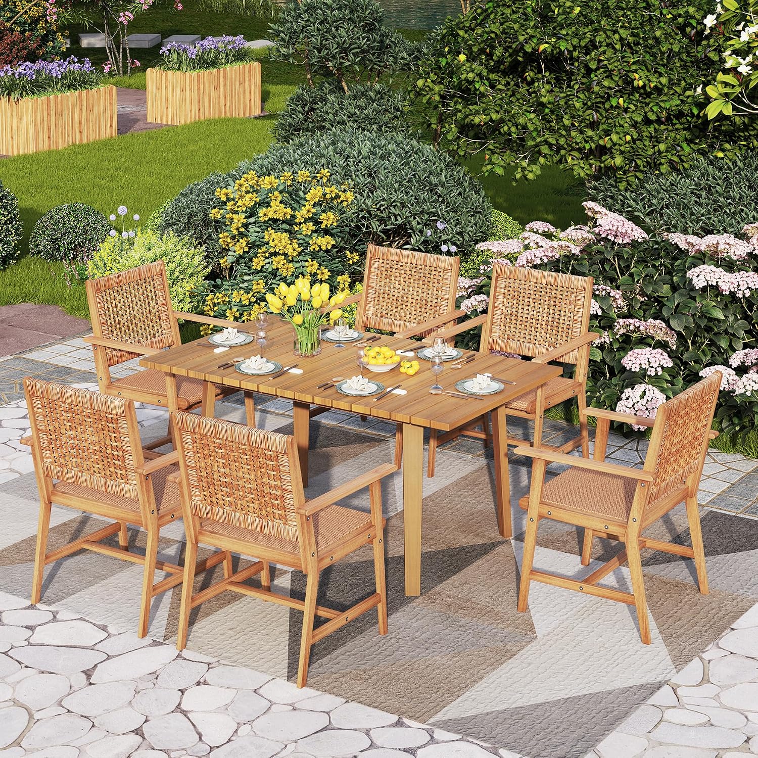 PHI VILLA Outdoor Acacia Wood Dining Chairs Set of 6, Armchairs with Strong Wicker Back & Seat, Farmhouse Style Teak Patio Deck Yard Balcony Garden Furniture