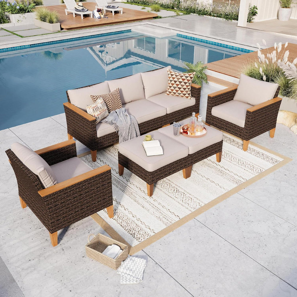 GREEN PARTY 7 Pieces Wicker Patio Furniture Set, All-Weather Outdoor Rattan Patio Sectional Sofa Conversation Set 7 Seats with 4' Thick Cushions for Garden, Backyard, 2 x Ottomans