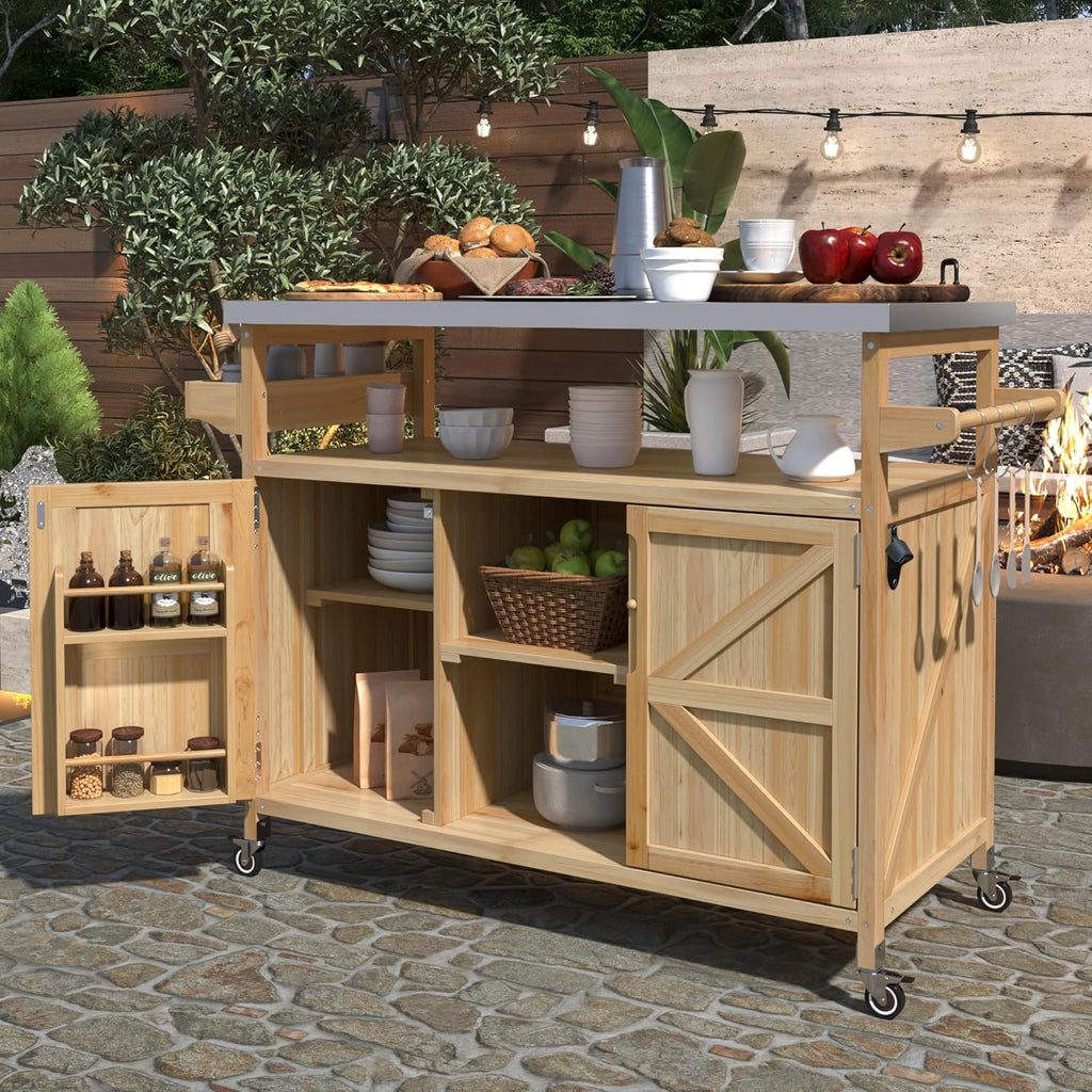 50.25' W Grill Cart with Stainless Steel Tabletop - Outdoor Storage Cabinet for BBQ, Bar Patio Kitchen Island with Ample Storage and Lockable Wheels