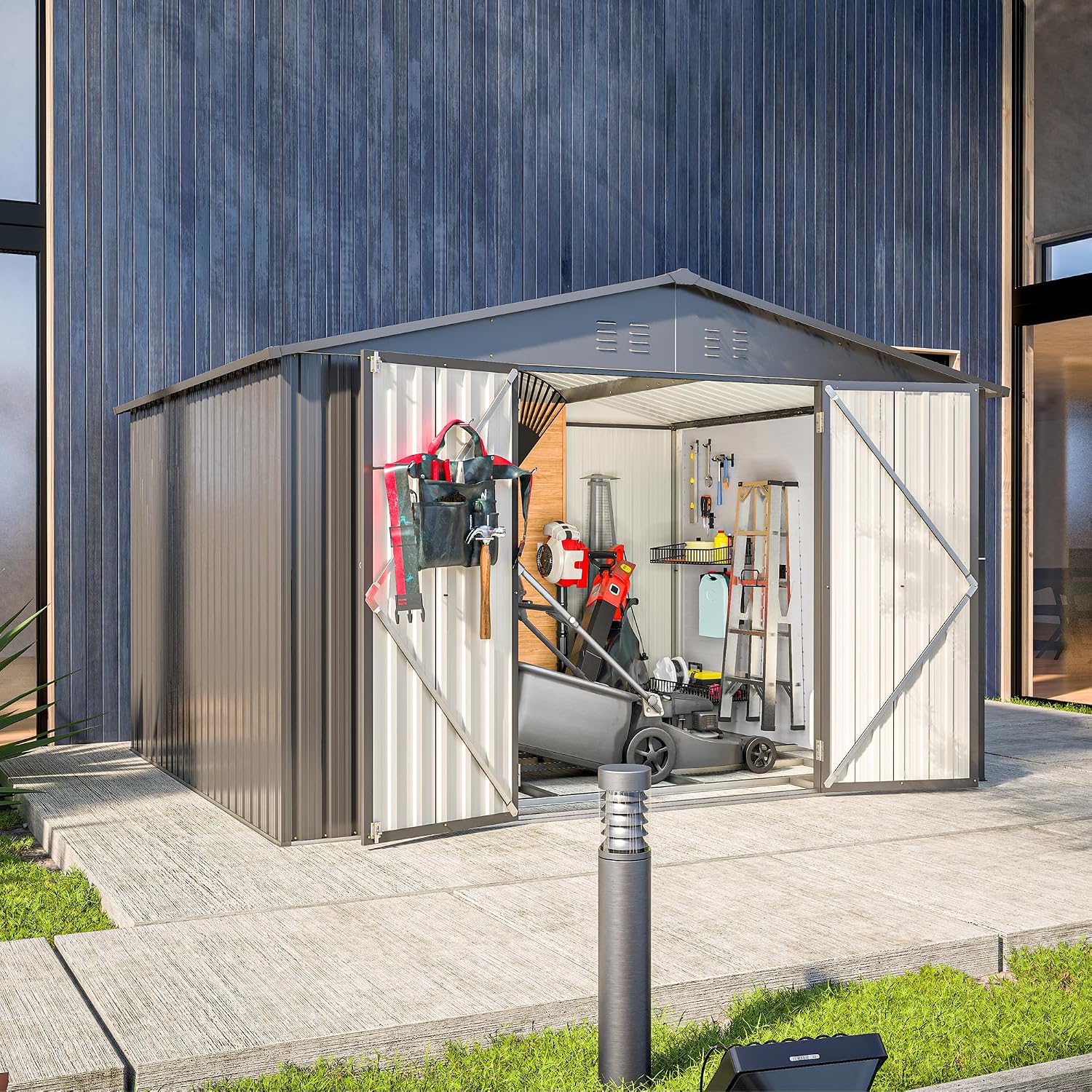 10x8 FT Outdoor Storage Shed with Lockable Double Doors, Aluminum Frame, Weatherproof with Frame Floor, Metal Tool Shed for Garden, Backyard, Patio, and Equipment Storage