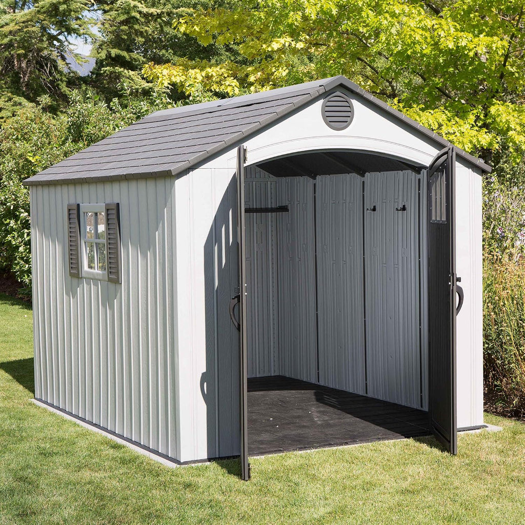 Lifetime 8 x 10 Ft Outdoor Storage Shed, Dual-Wall HDPE Construction, Steel-Reinforced, Skylight and Window, Lockable Doors, UV-Protected Gray Finish