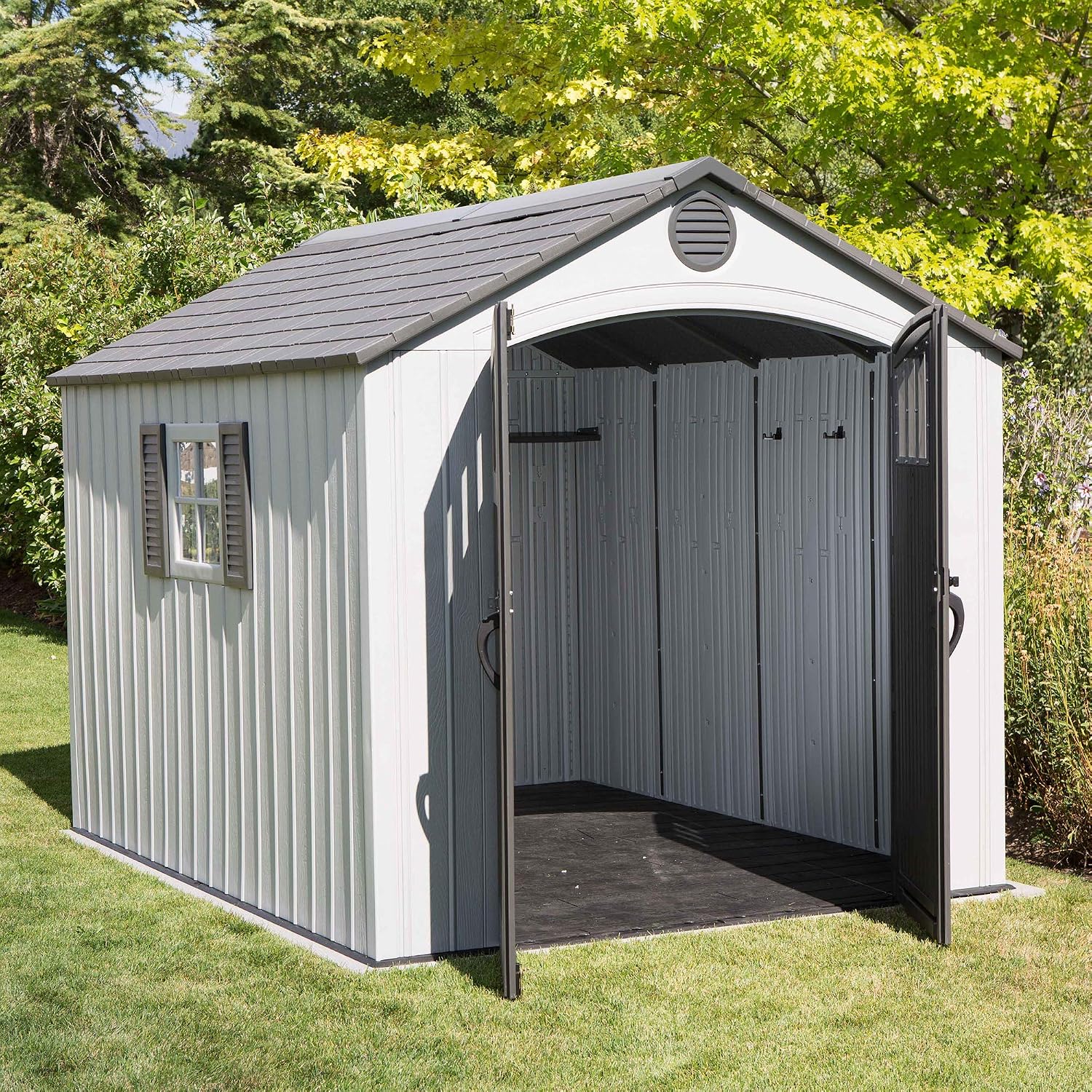 Lifetime 8 x 10 Ft Outdoor Storage Shed, Dual-Wall HDPE Construction, Steel-Reinforced, Skylight and Window, Lockable Doors, UV-Protected Gray Finish