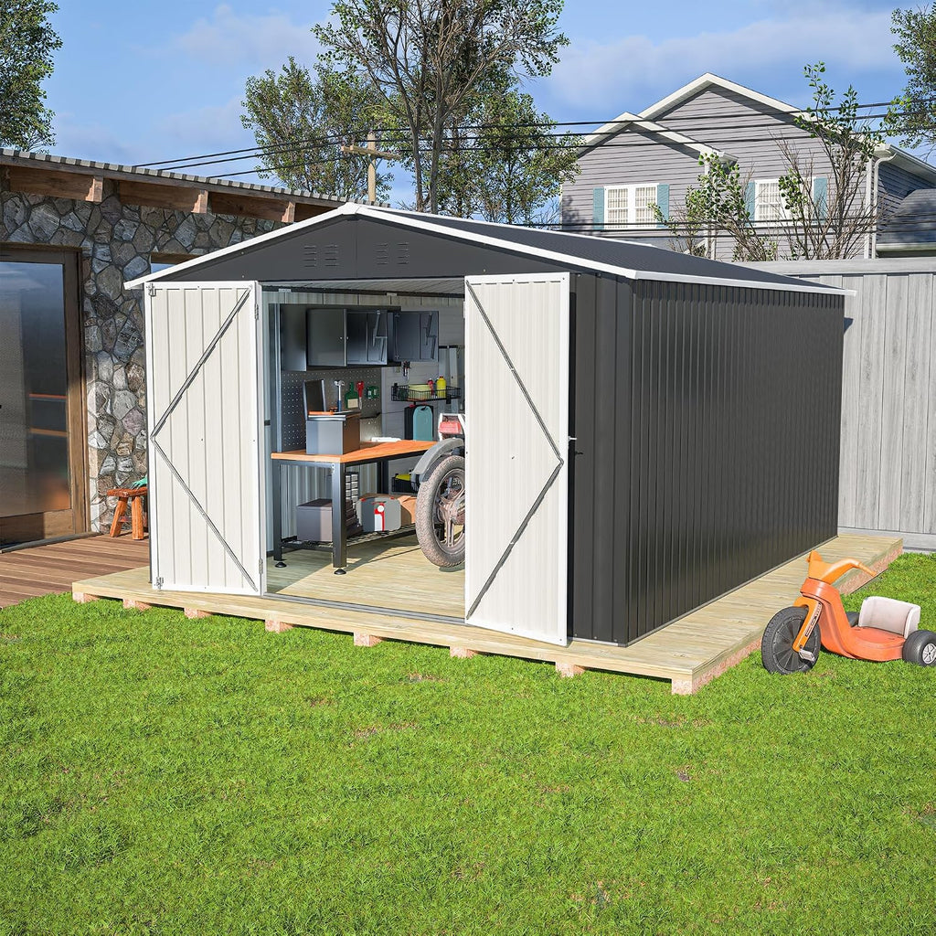Ball & Cast 10×12 FT Outdoor Storage Shed,Metal Waterproof Tool Sheds with Lock and Key,Heavy-Duty Sheds Unit W/Doors and Vents,Galvanized Steel Garden House for Storing Bicycles,Barbeques,Black