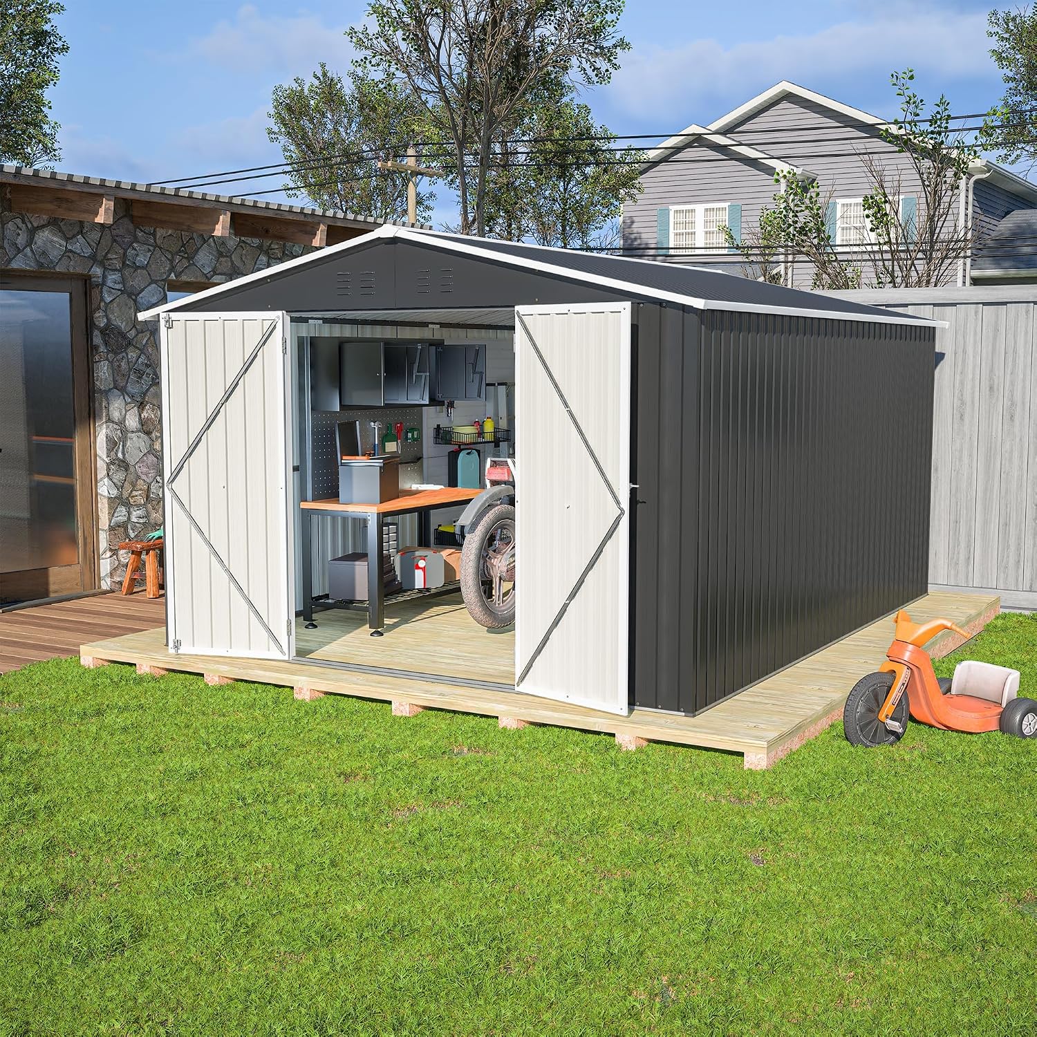 Ball & Cast 10×12 FT Outdoor Storage Shed,Metal Waterproof Tool Sheds with Lock and Key,Heavy-Duty Sheds Unit W/Doors and Vents,Galvanized Steel Garden House for Storing Bicycles,Barbeques,Black