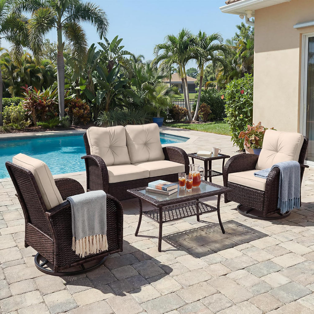 UPHA 5 Pieces Patio Furniture Sets, Wicker Outdoor Loveseat Sofa Set with Swivel Chairs, Patio Conversation Set for Deck Backyard Garden, Brown Rattan, Beige Cushion