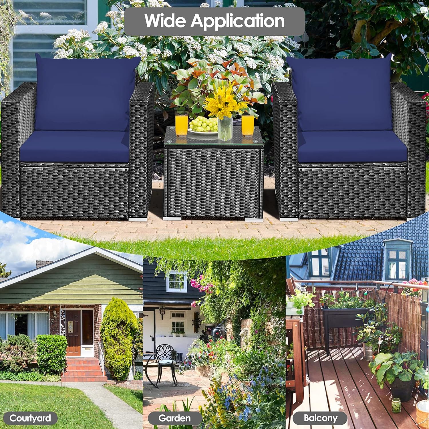 HAPPYGRILL 3-Piece Patio Furniture Set Rattan Wicker Patio Conversation Set with Coffee Table and Cushions Outdoor Sofa Set for Garden Balcony Porch Poolside