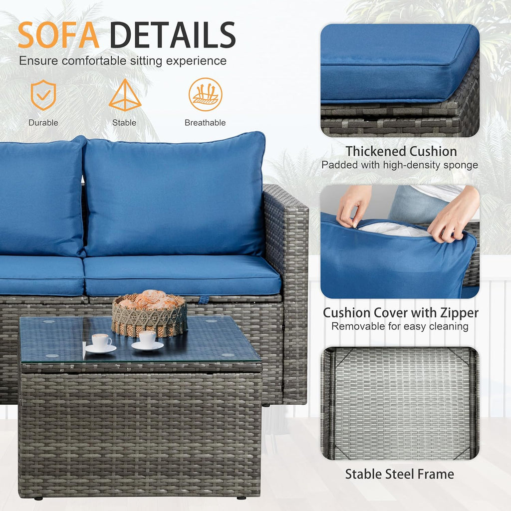 Shintenchi Outdoor Patio Furniture Sets, Small Outdoor Sofa Patio Sectional Sets 3-Piece All Weather Wicker Rattan Seating Sofas with Glass Coffee Table and Cushion (Blue)
