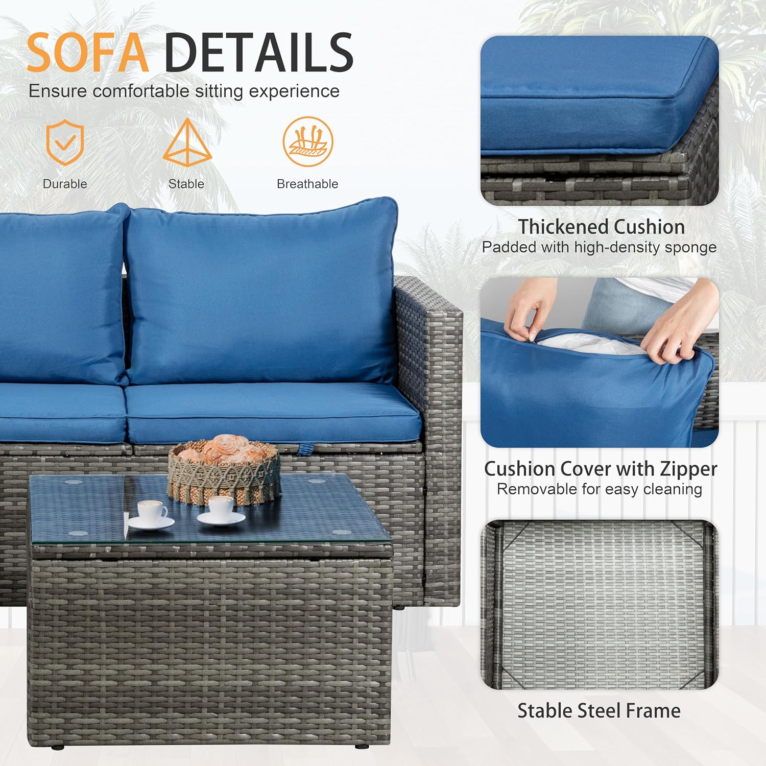 Shintenchi Outdoor Patio Furniture Sets, Small Outdoor Sofa Patio Sectional Sets 3-Piece All Weather Wicker Rattan Seating Sofas with Glass Coffee Table and Cushion (Blue)