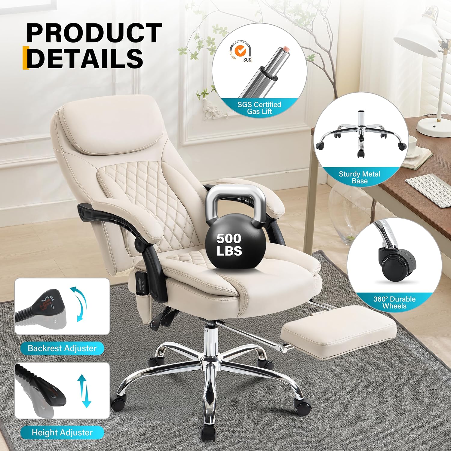 6-Point Massage Office Chair with Heated, Ergonomic Office Chair with Footrest & 45°Reclining High Back, Big and Tall Executive Office Chair 500LBS, Thick Cushion Desk Chair for Home Office, Beige(PU)