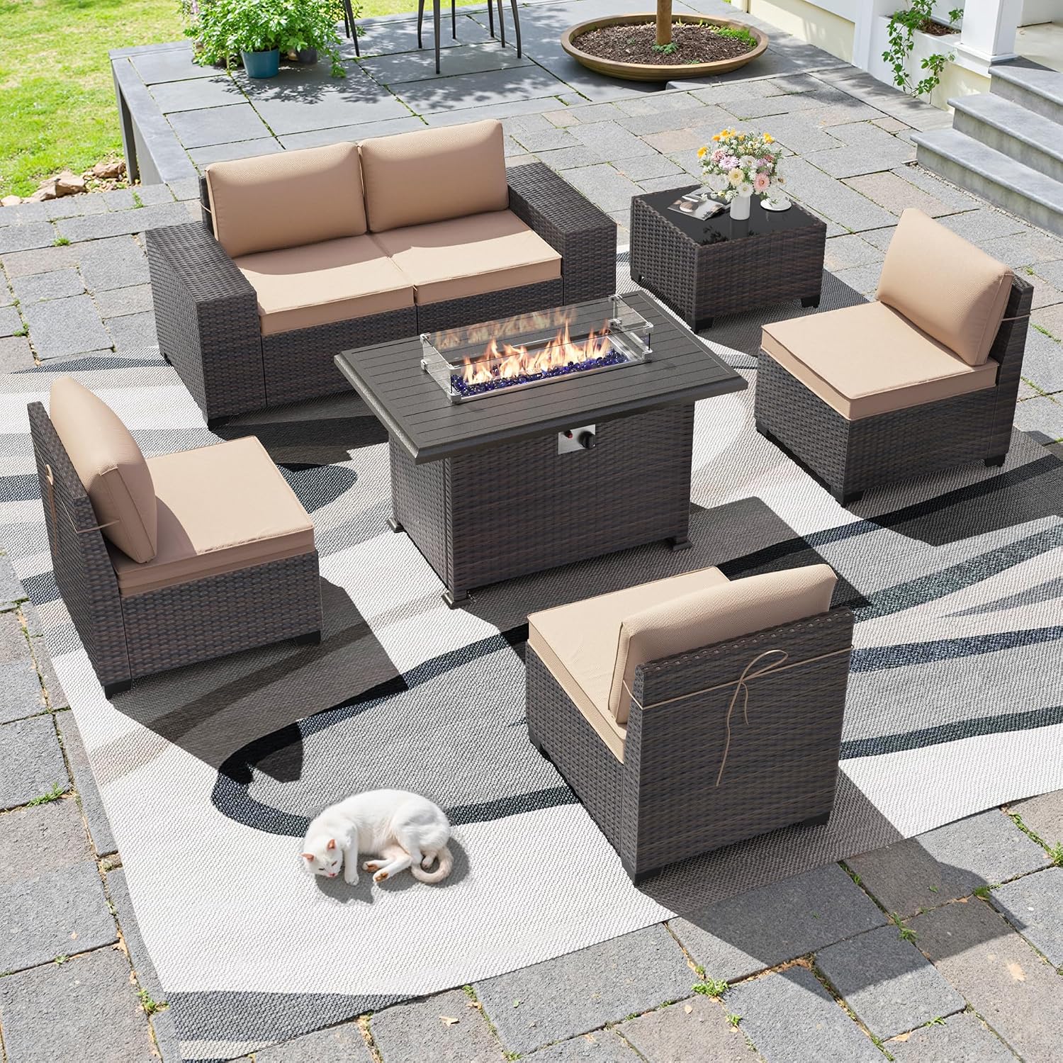 7 PCS Outdoor Patio Furniture Set,Outdoor Sectional Furniture with 43' 55000 BTU Gas Propane Fire Pit Table,All Weather PE Rattan Wicker Patio Conversation Set,Sand