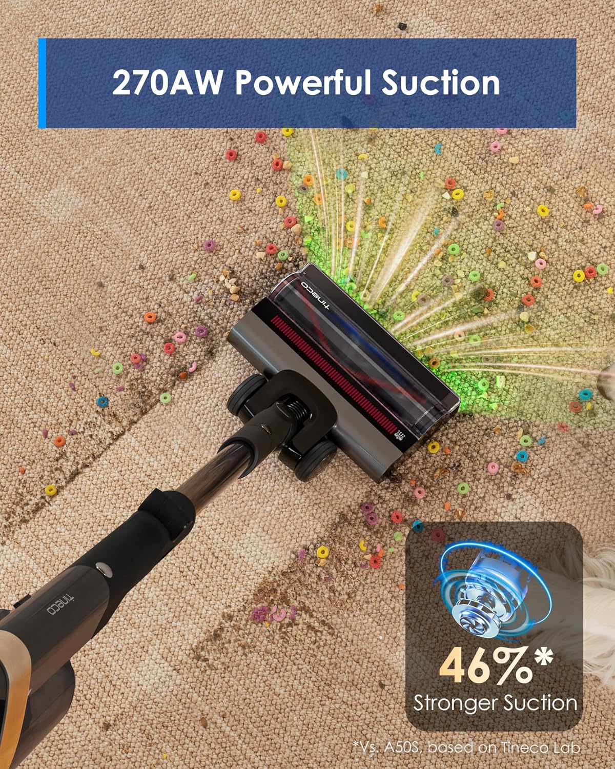 Tineco Pure ONE A90S Cordless Vacuum Cleaner, 270AW Powerful Suction, Up to 105min Runtime, 3DSense Master Brush, 150° Green LED Light, Stick Vacuum Cleaner for Pet Hair, Carpet & Hard Floor