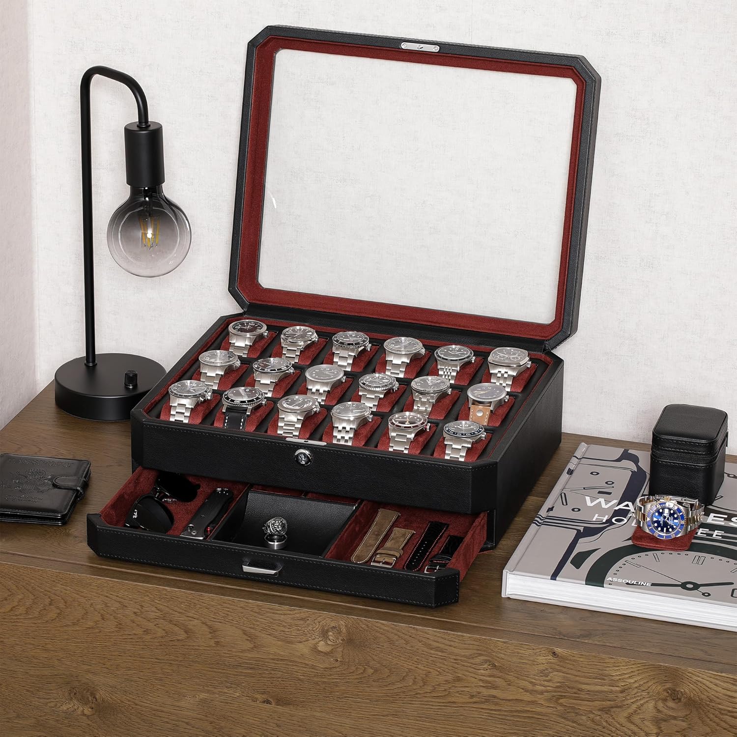 ROTHWELL 18-Slot Watch Case with Drawer – Luxury Watch Box for Men, Real Glass Top, Lockable, Display Case for Collections (Black/Red)