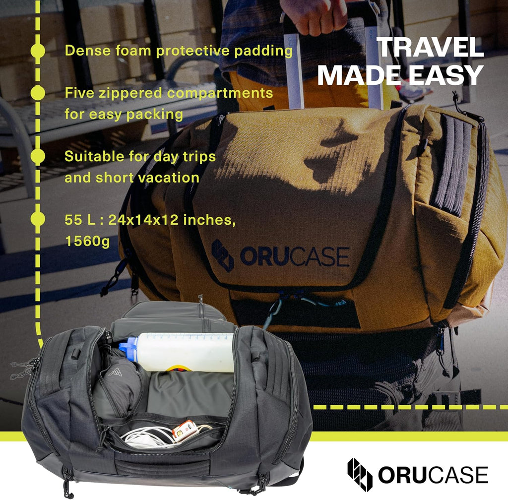 ORUCASE Janus Duffel Bag 55L – Multi-Sport Gear Duffel with Ventilated Shoe Pockets, Removable Stuff Sacks & Convertible Backpack Straps – Travel Gym Bag for Cycling, Running & Skiing - Black