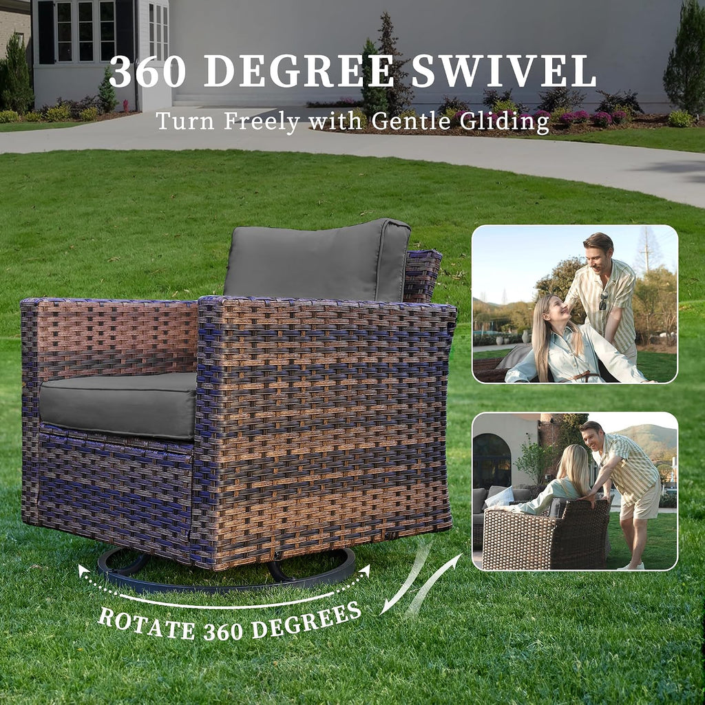 UDPATIO 5 Pieces Patio Furniture Set with Fire Pit Table, Outdoor Furniture Set with Rocking Swivel Chairs, Wicker Patio Set with Waterproof Cover, 4'' Thickened Cushion, Grey