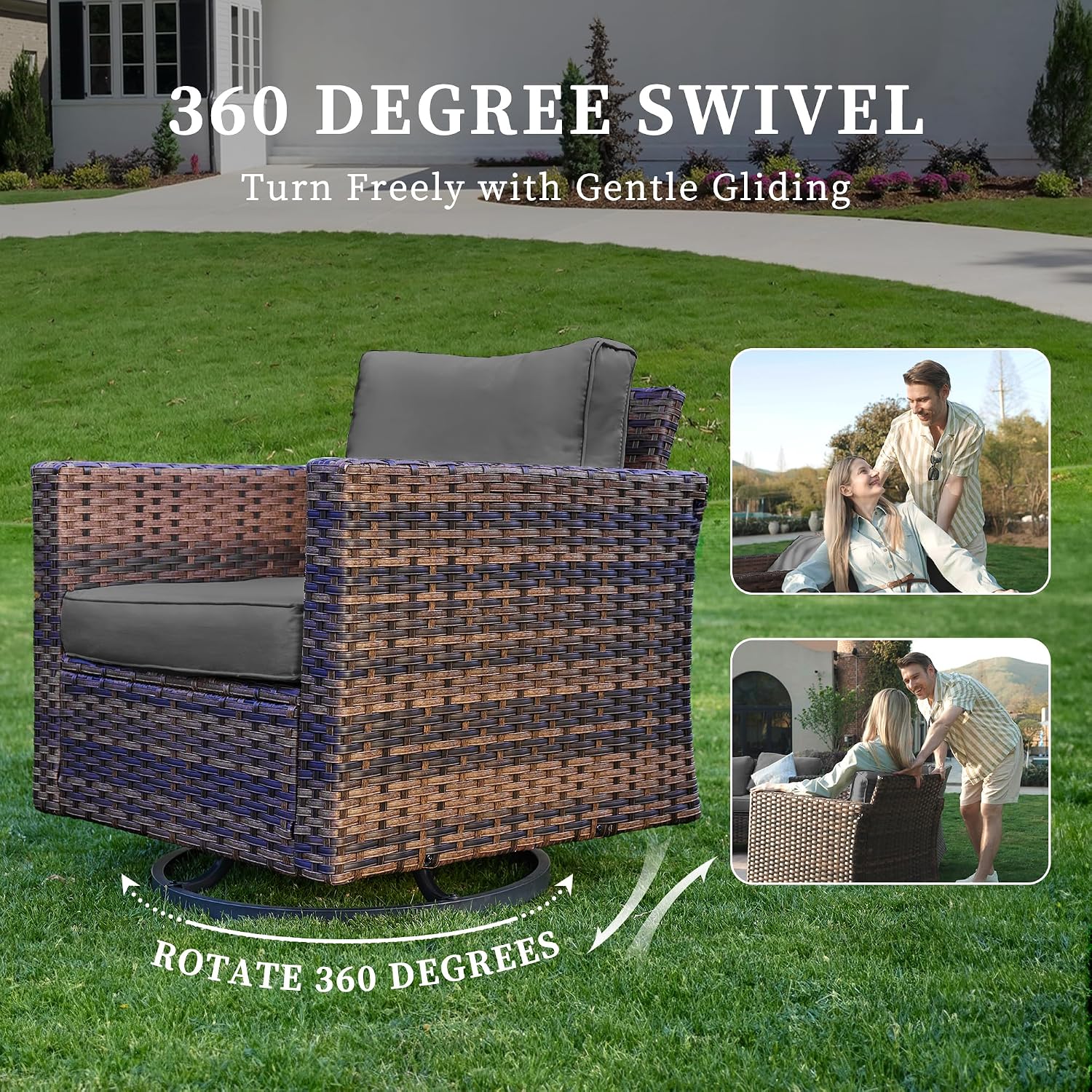 UDPATIO 5 Pieces Patio Furniture Set with Fire Pit Table, Outdoor Furniture Set with Rocking Swivel Chairs, Wicker Patio Set with Waterproof Cover, 4'' Thickened Cushion, Grey