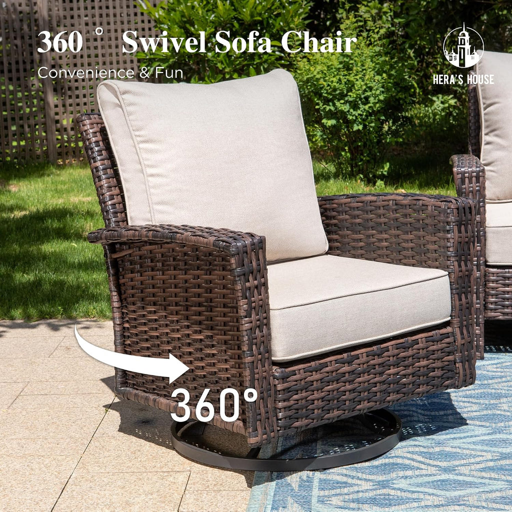 HERA'S HOUSE Outdoor Furniture, 2 x High Back Swivel Patio Chairs with 5.5' Cushions Wicker Rattan Deck Balcony Porch Furniture, Beige