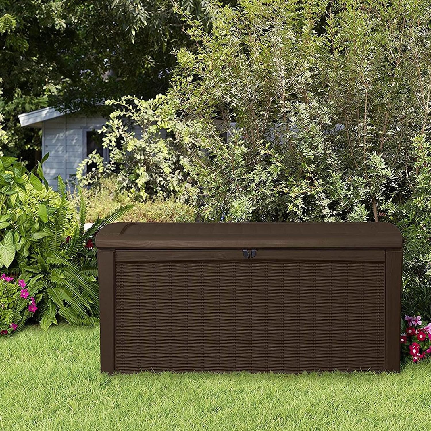 Keter Borneo 110 Gallon Resin Deck Box - Organization and Storage for Patio Furniture, Outdoor Cushions, Throw Pillows, Garden Tools and Pool Toys, Brown