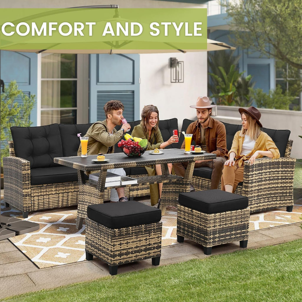 KROFEM 6-Piece Patio Furniture Set, Outdoor Sectional Sofa with Dining Table & Chairs, All-Weather Dining Set with Removable Cushion Covers, Ideal for Garden, Porch, Backyard, Black