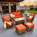 ovios 7-Piece Patio Furniture Set with Swivel Chairs Side Table, Outdoor Wicker Sofa with 42' Fire Pit Table, High Back Couch Modern Conversation Sets, Brown/Orange Red