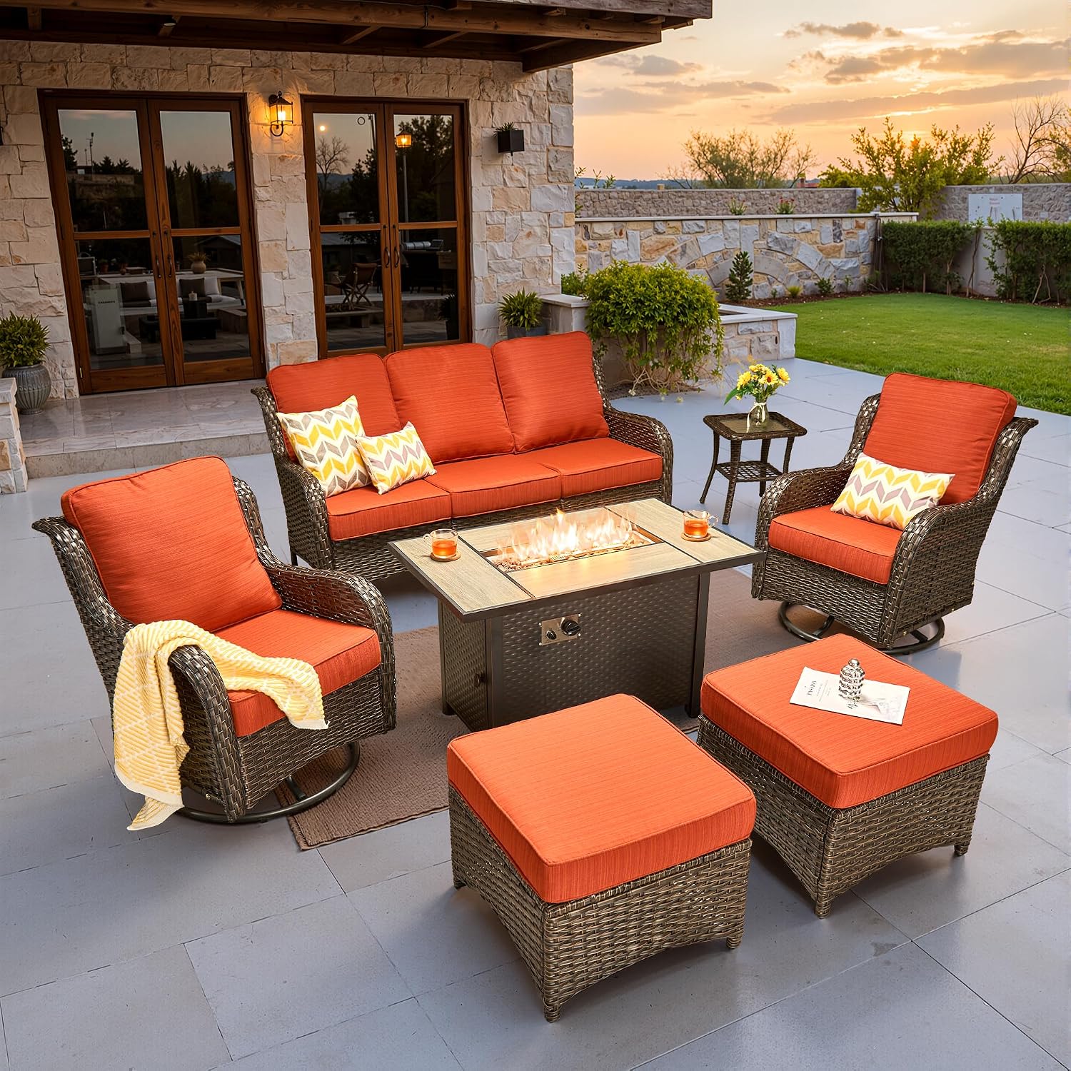 ovios 7-Piece Patio Furniture Set with Swivel Chairs Side Table, Outdoor Wicker Sofa with 42' Fire Pit Table, High Back Couch Modern Conversation Sets, Brown/Orange Red