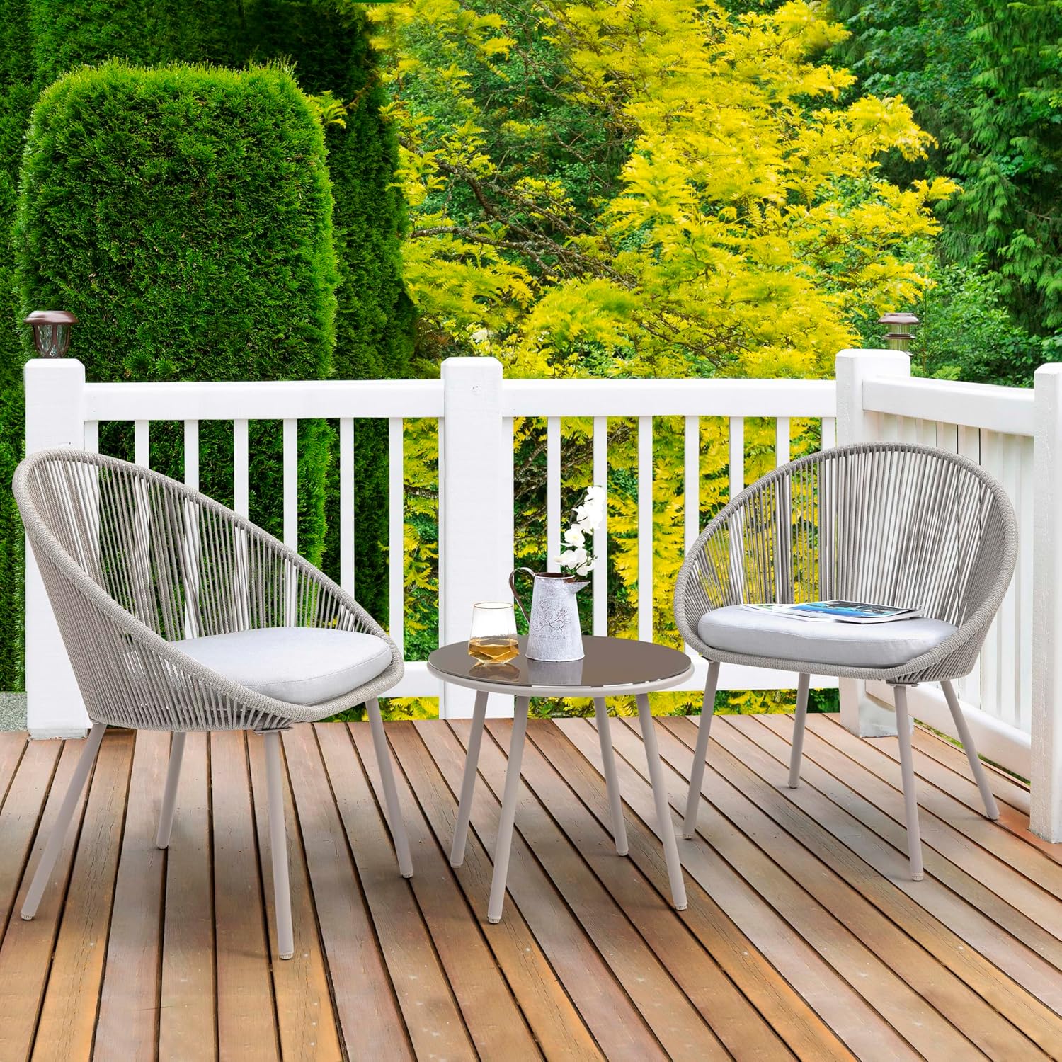 NUU GARDEN 3 Piece Outdoor Bistro Set, Woven Rope Conversation Patio Set, All Weather Patio Furniture Chairs and Table with Cushions for Garden, Deck, Backyard, Balcony, Porch, Beige