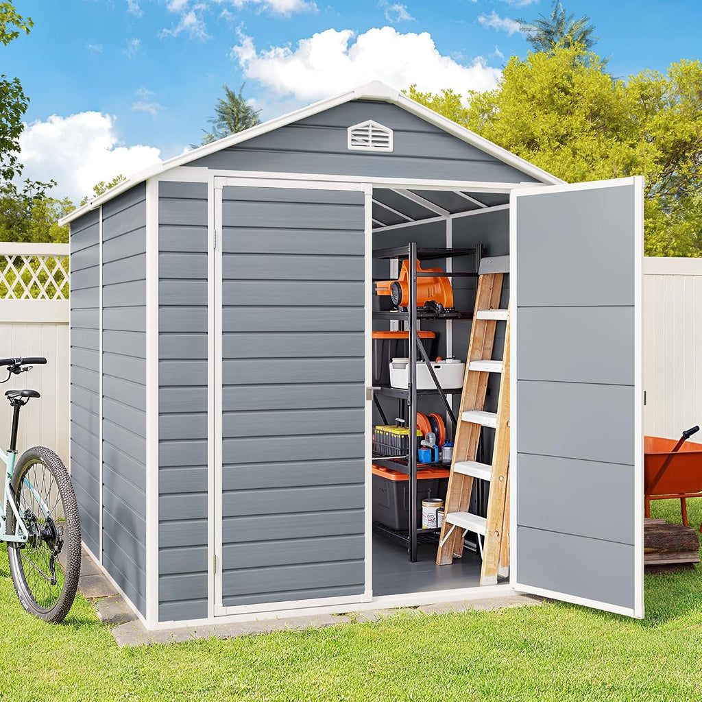 Gizoon 8x6 FT Outdoor Plastic Storage Shed with Reinforced Steel Frame, All-Weather Waterproof Resin Construction, Lockable Doors, Included Floor and Window for Backyard, Garden, Patio