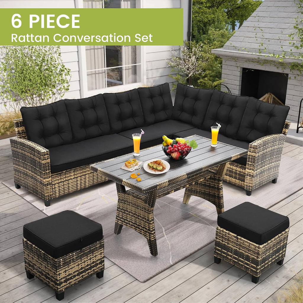 KROFEM 6-Piece Patio Furniture Set, Outdoor Sectional Sofa with Dining Table & Chairs, All-Weather Dining Set with Removable Cushion Covers, Ideal for Garden, Porch, Backyard, Black