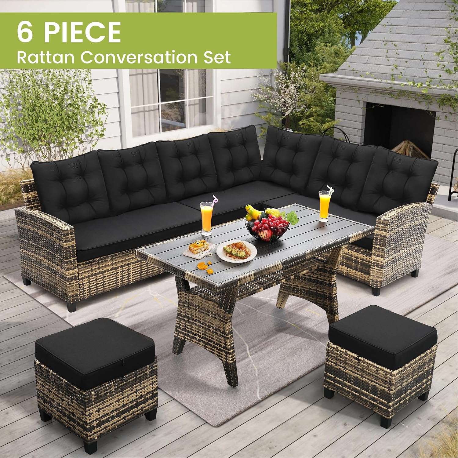 KROFEM 6-Piece Patio Furniture Set, Outdoor Sectional Sofa with Dining Table & Chairs, All-Weather Dining Set with Removable Cushion Covers, Ideal for Garden, Porch, Backyard, Black