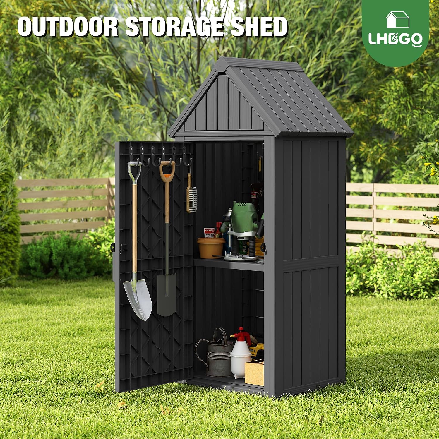 LHBGO Outdoor Storage Shed with Door & Shelf, Large Capacity Weatherproof Garden Tool Cabinet with Multiple Hooks for Backyard, Patio, Lawn（Black