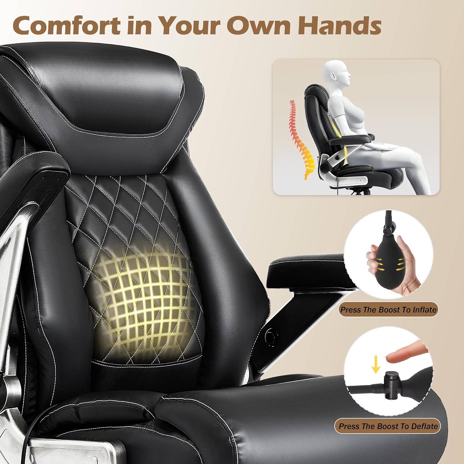 700lbs Big and Tall Office Chair-Adjustable Lumbar Support, Ergonomic PU Heavy Duty Executive Office Chair with 5D Flip Arms&Dual Rubber Wheel,Large Thick Padded Extra Wide Seat Game Chair,Black