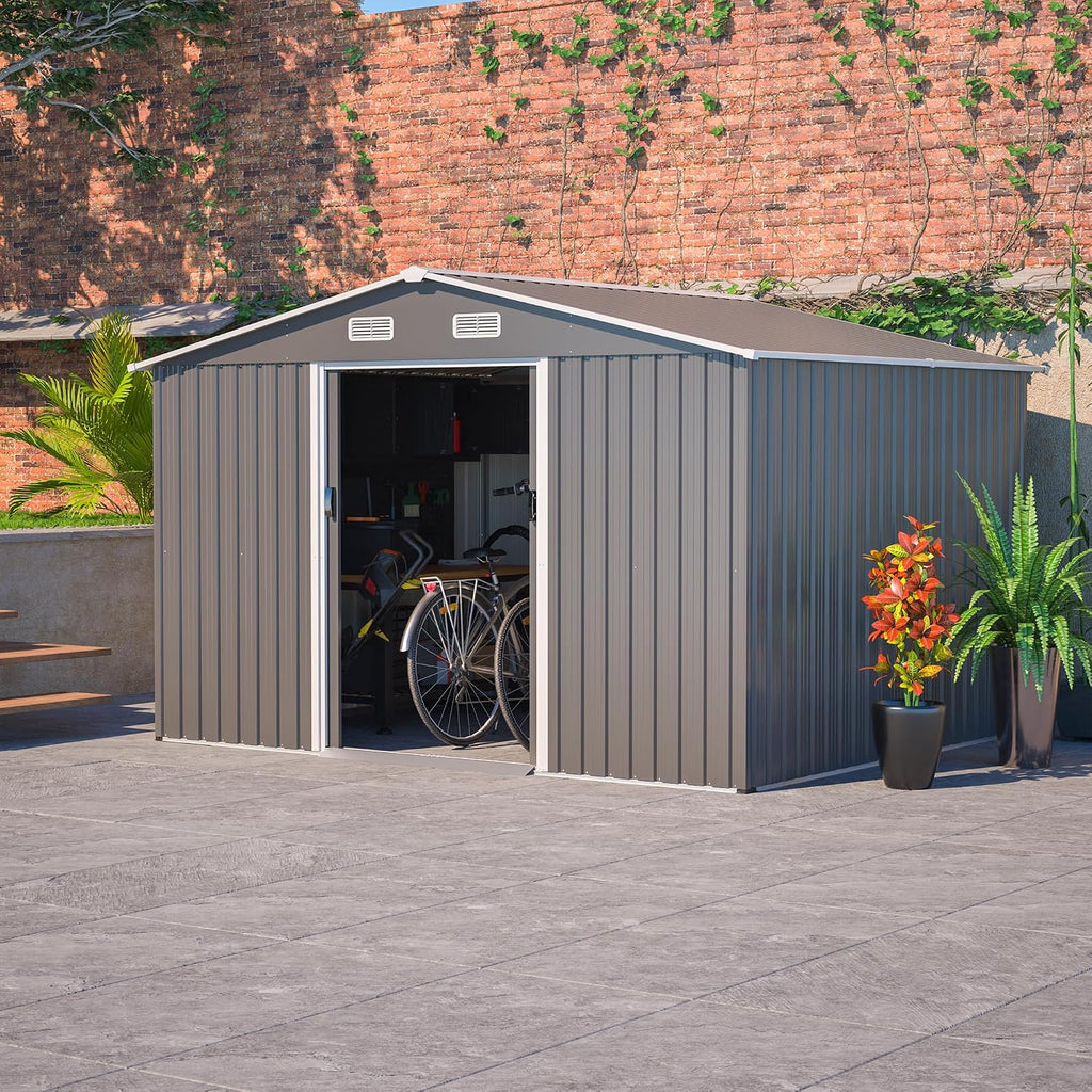 Storage Shed 10x8 FT Outdoor Metal Garden Shed with Lockable Sliding Door and Air Vents Galvanized Steel Shed with Air Vents Waterproof Roof Ideal for Backyard Patio Lawn Dark Gray