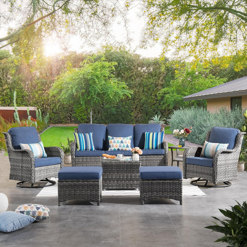 ovios 7 Pieces Patio Furniture Set with Swivel Rocking Chairs, Outdoor Wicker Sofa Couch Glass Coffee Table, All Weather High Back Modern Conversation Set, Grey Rattan, Denim Blue