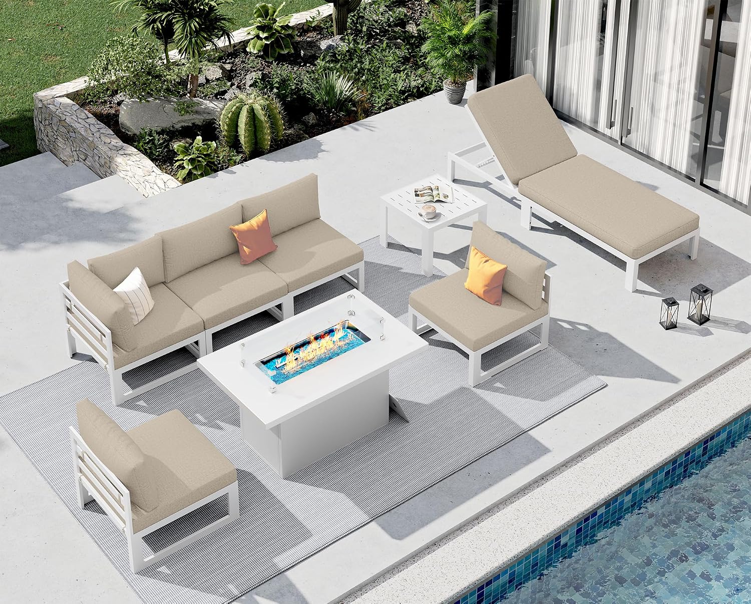 NICESOUL 8 Piece Modern Aluminum Outdoor Patio Furniture Set with Lounger & Fire Pit Table, Extra Large All-Weather Modular Sectional Couch, 29' Wide Deep Seating Conversation Sofa for Poolside, Beige