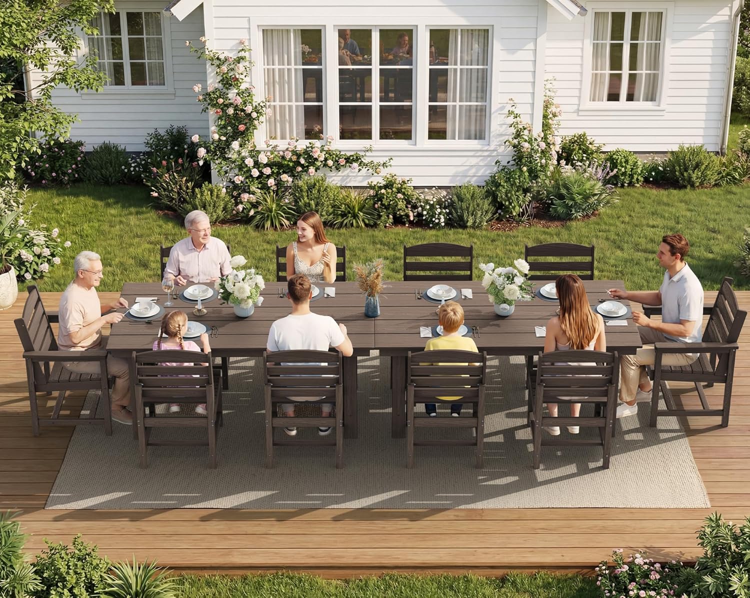 SERWALL Patio Dining Sets for 6 Person, HDPE Dining Set with 6 Armless Chairs, Coffee