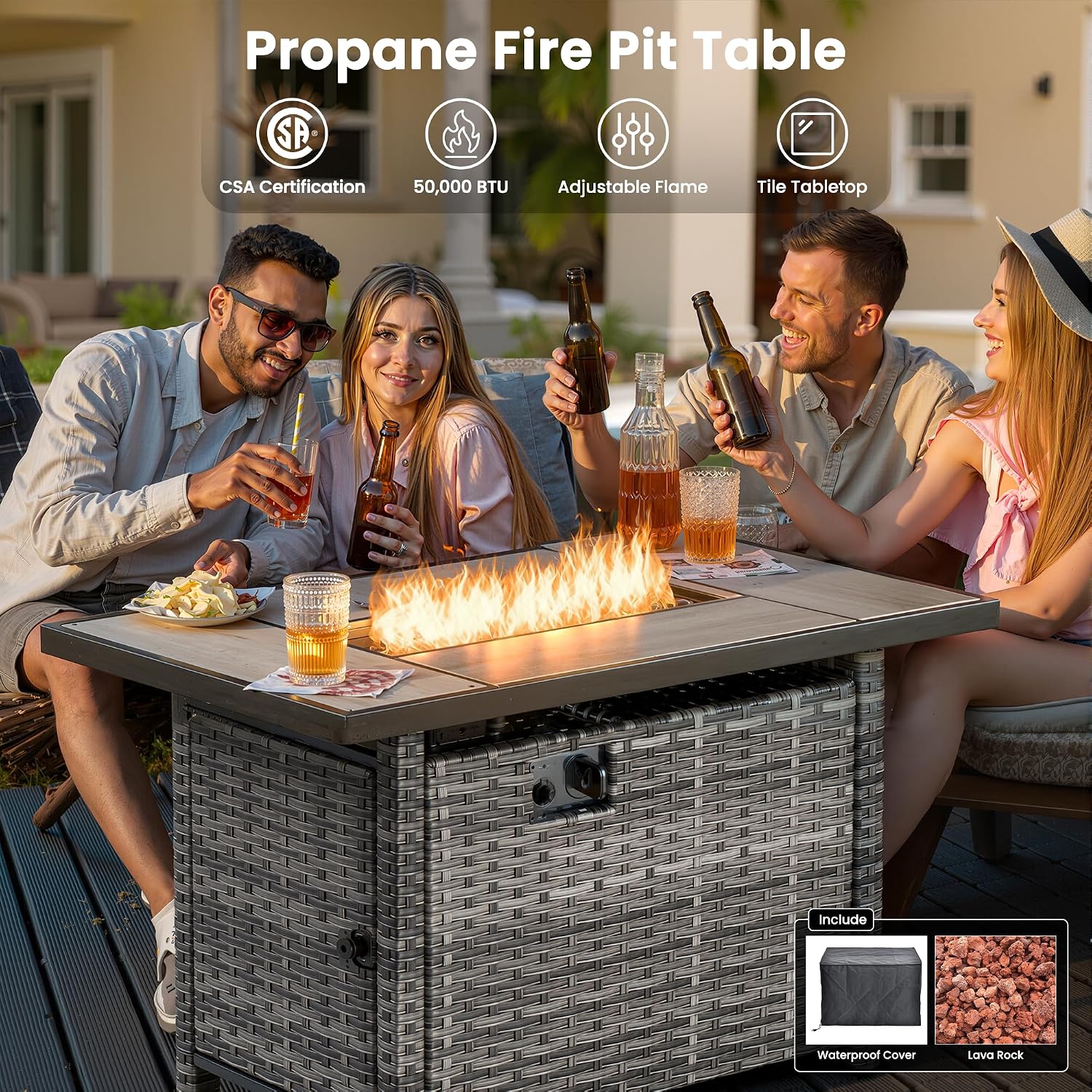 ovios 6 Pieces Patio Furniture Set with 42 inch Fire Pit Table, Outdoor Wicker Sofa Couch Loveseat, Swivel Rocking Glider Chairs, Modern Conversation Set, Grey Rattan, Denim Blue
