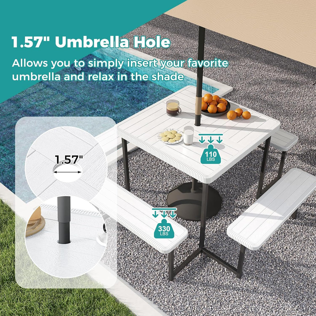 Giantex Picnic Table Bench Set for 4-8 People, 34' Outdoor Square Dining Table & 2 Benches w/Umbrella Hole, HDPE Tabletop, Metal Frame, Patio Camping Furniture for Backyard Porch Lawn (White,Square)