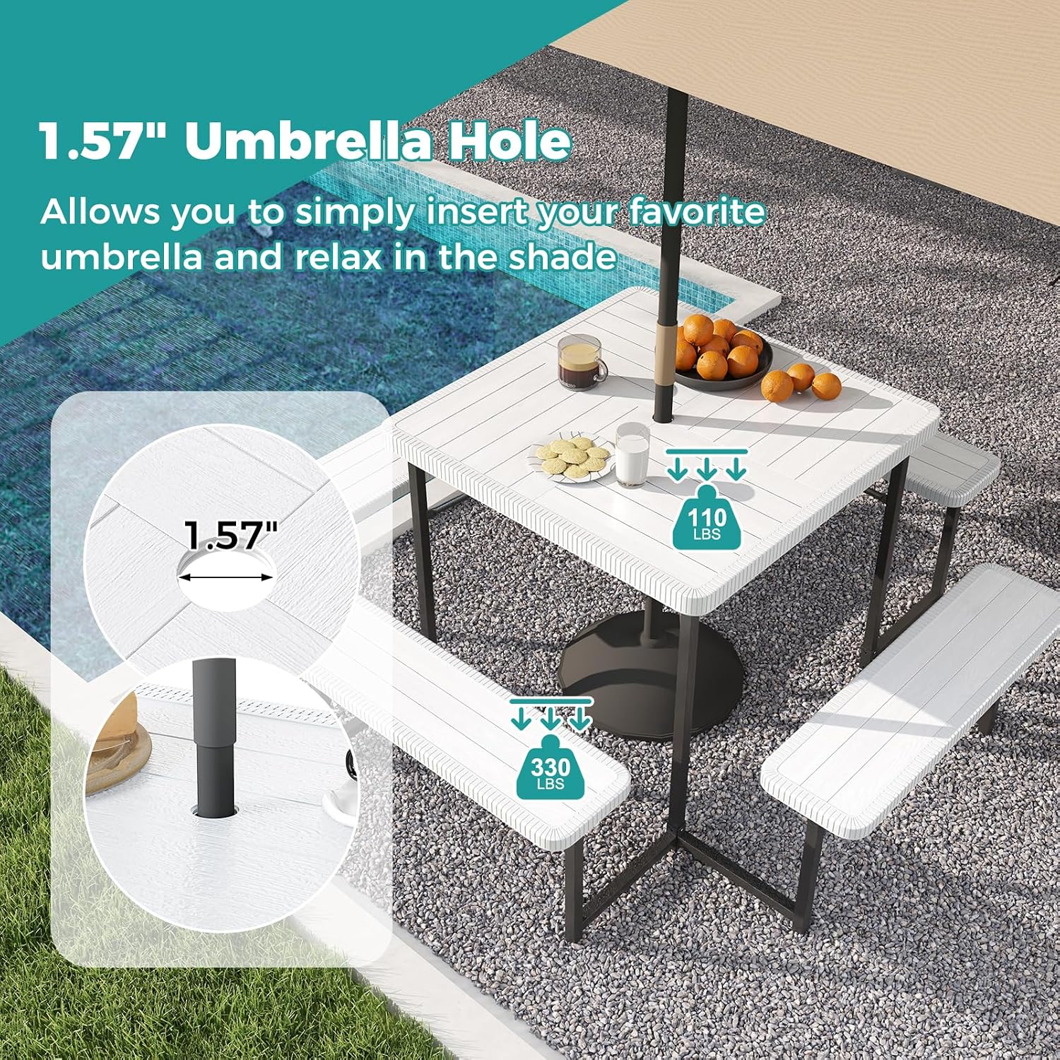 Giantex Picnic Table Bench Set for 4-8 People, 34' Outdoor Square Dining Table & 2 Benches w/Umbrella Hole, HDPE Tabletop, Metal Frame, Patio Camping Furniture for Backyard Porch Lawn (White,Square)
