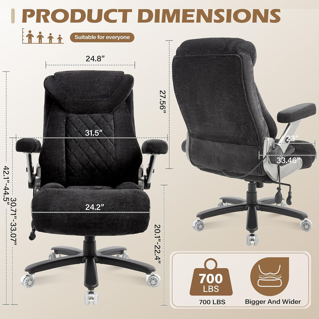 Fabric 700lbs Big and Tall Office Chair, Ergonomic Heavy Duty Executive Cloth Office Chair with 5D Flip Arms & Adjustable Lumbar Support & Dual Rubber Wheel, Large Thick Padded Extra Wide Seat, Black
