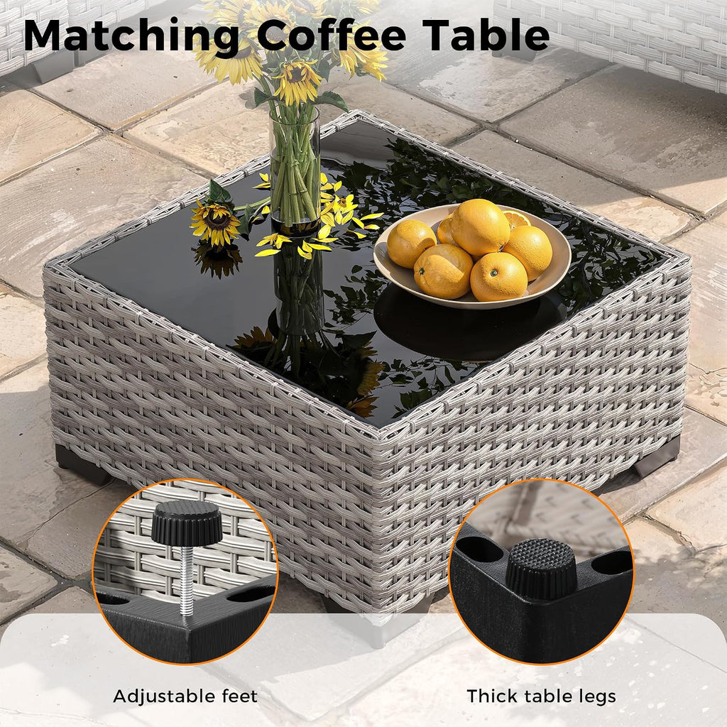 8-Seat Outdoor Wicker Patio Furniture Set with Fire Pit Table, Modular Rattan Sectional Sofa & 2 Swivel Rocking Chairs, 4' Thick Cushions, Rust-Resistant Frame,Beige